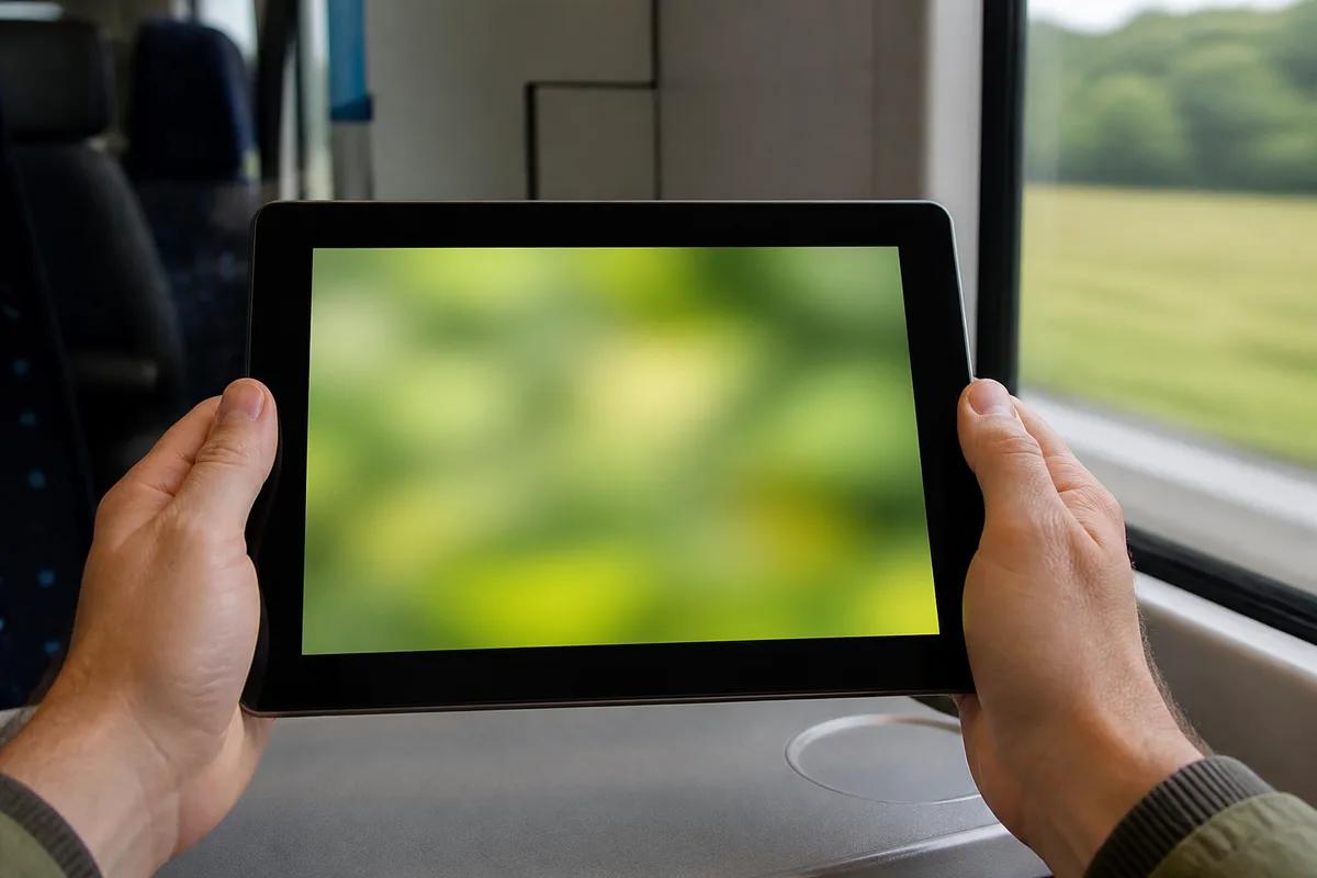 Mains tenant une tablette dans un train, paysage défilant derrière la vitre, lumière naturelle douce