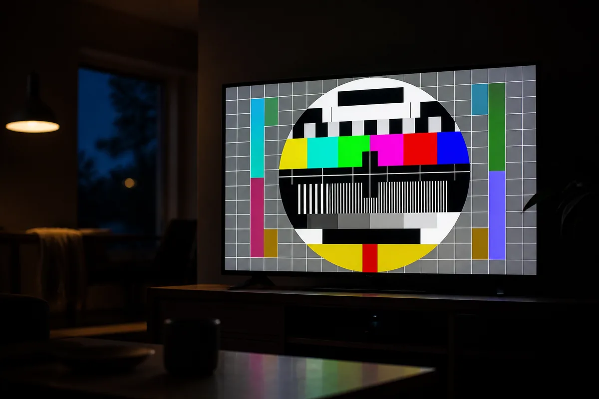 Écran de télévision affichant une mire de test technique dans un salon sombre