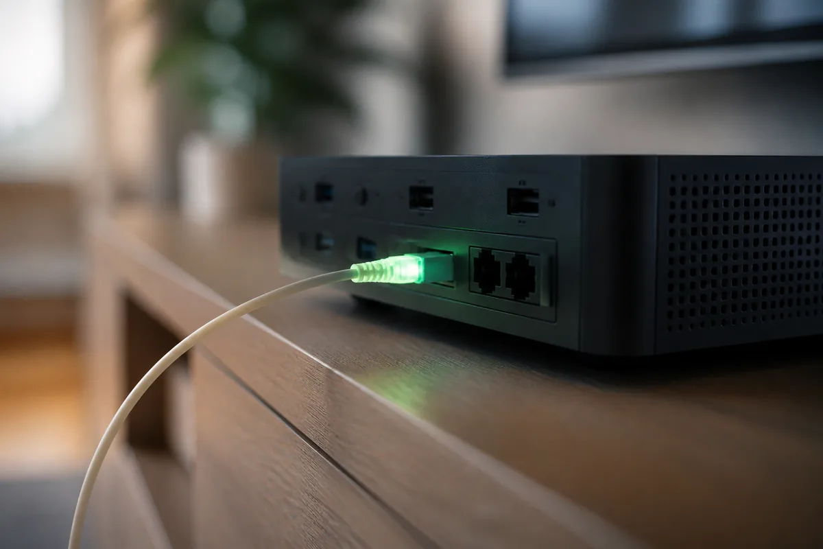 Câble fibre optique éclairé branché sur une box internet posée sur un meuble en bois