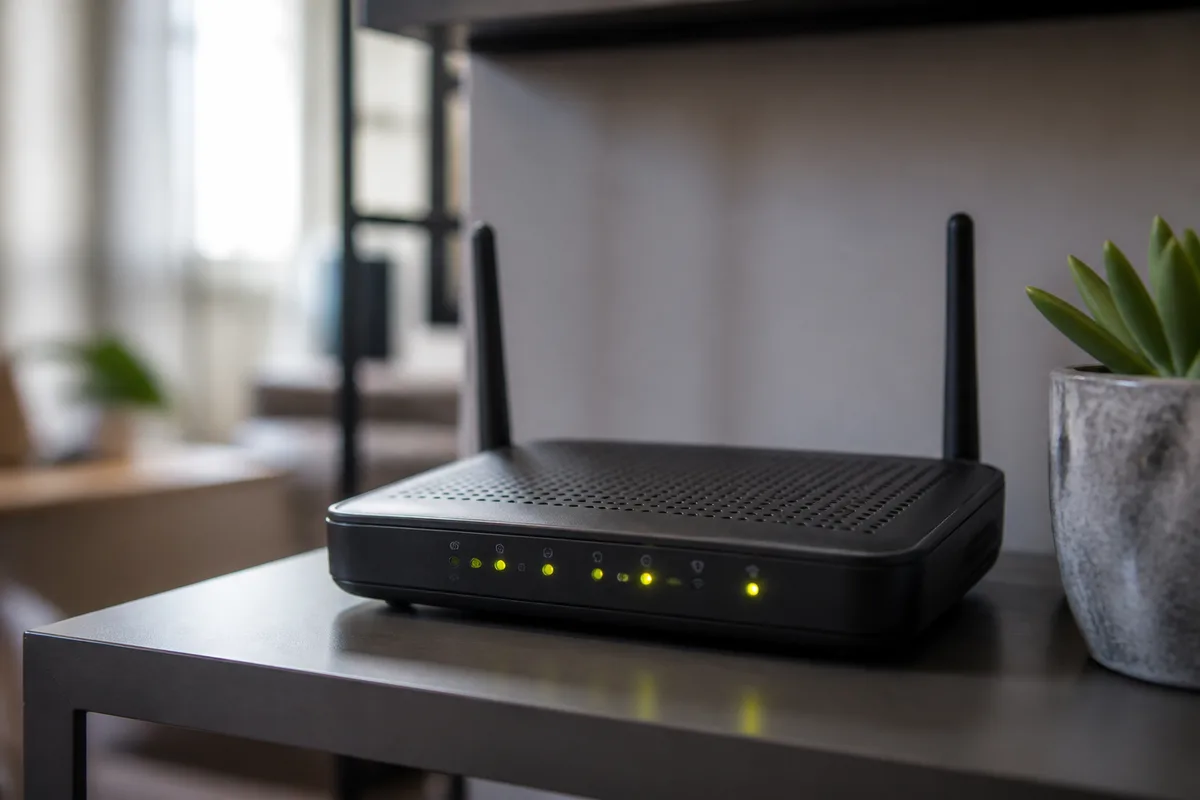 Routeur Wi-Fi domestique posé sur une étagère avec voyants lumineux allumés