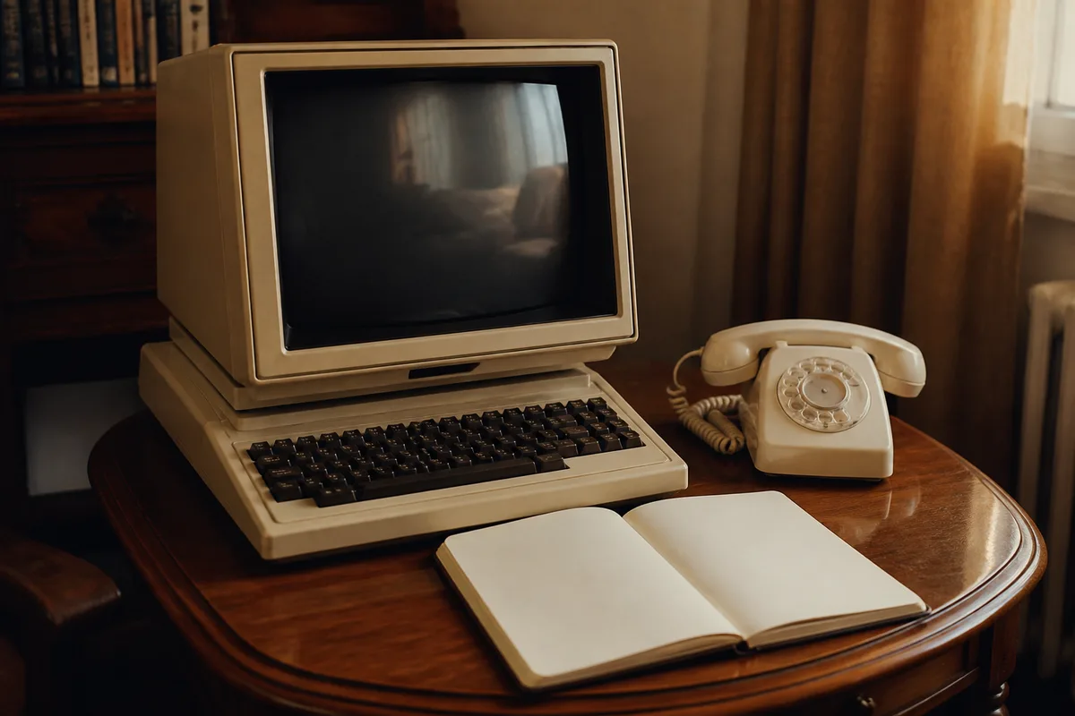 Ancien terminal informatique beige posé près d&rsquo;un téléphone à cadran sur un guéridon en bois