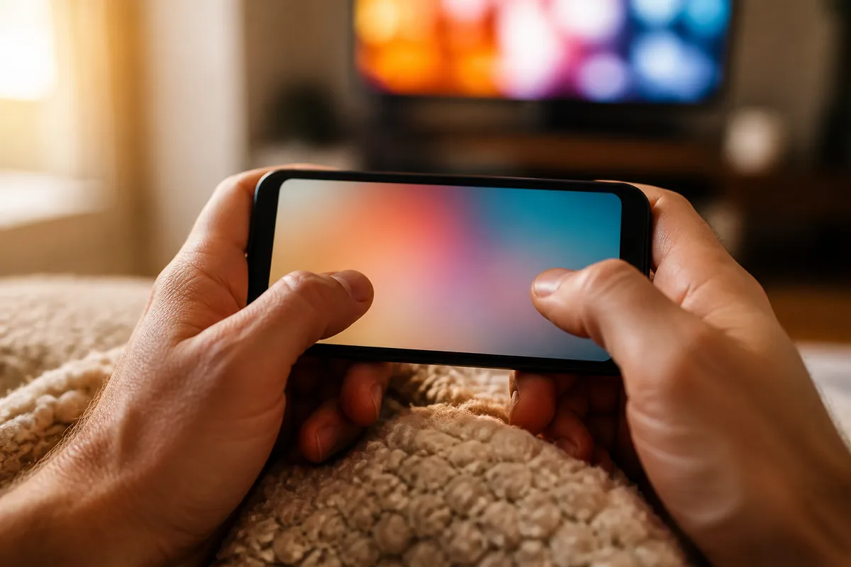 Deux mains tenant un téléphone au-dessus d&rsquo;un plaid, écran allumé d&rsquo;un dégradé coloré