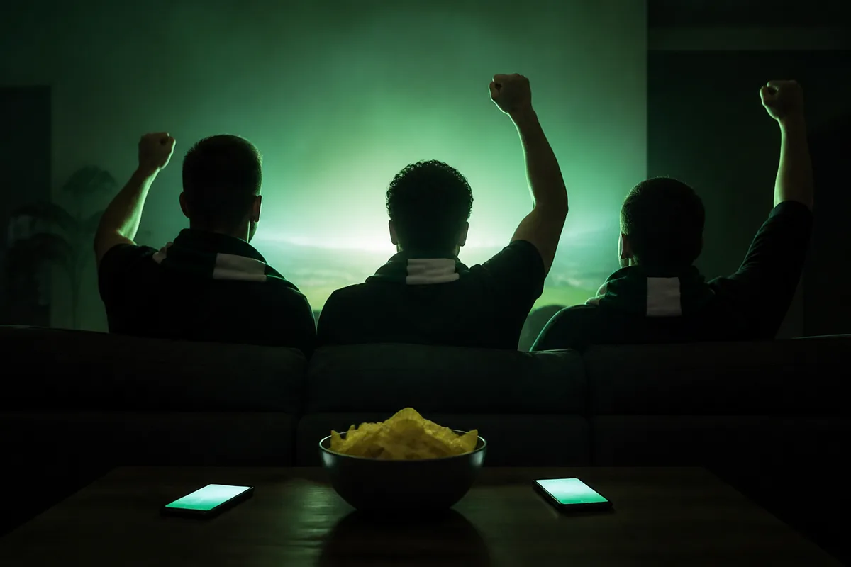 Trois personnes de dos sur un canapé, silhouettes détourées par la lueur d&rsquo;un écran pendant une retransmission