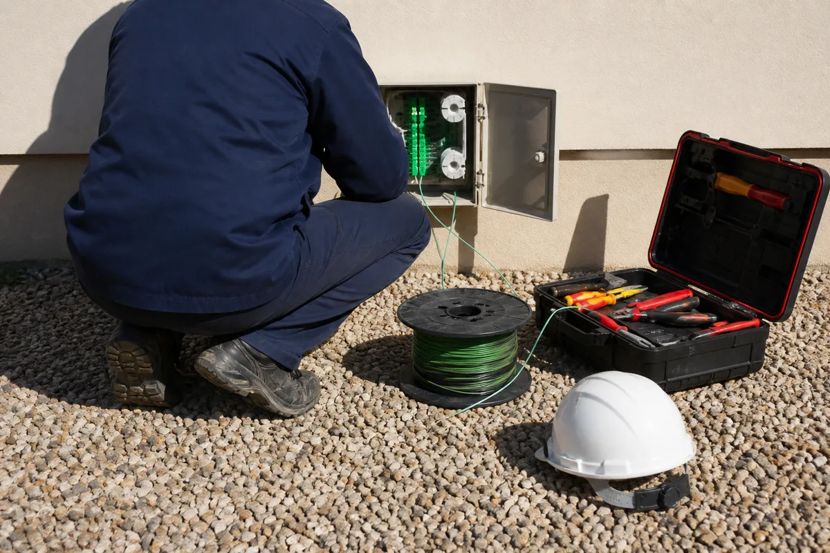 Technicien de dos accroupi devant un coffret télécom ouvert au pied d&rsquo;un mur de maison
