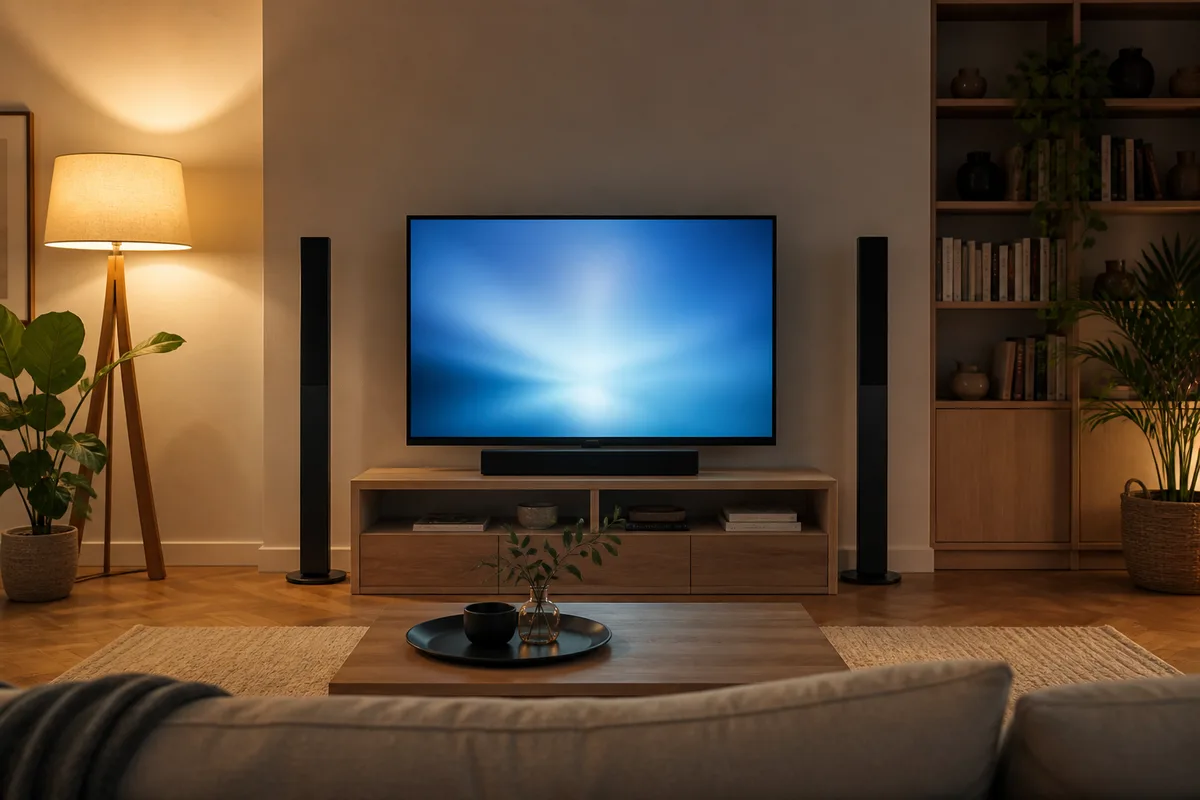 Salon meublé avec téléviseur, enceintes colonnes et canapé en lumière douce