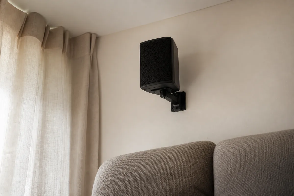 Enceinte surround montée en hauteur sur un mur clair, tapis et rideaux visibles
