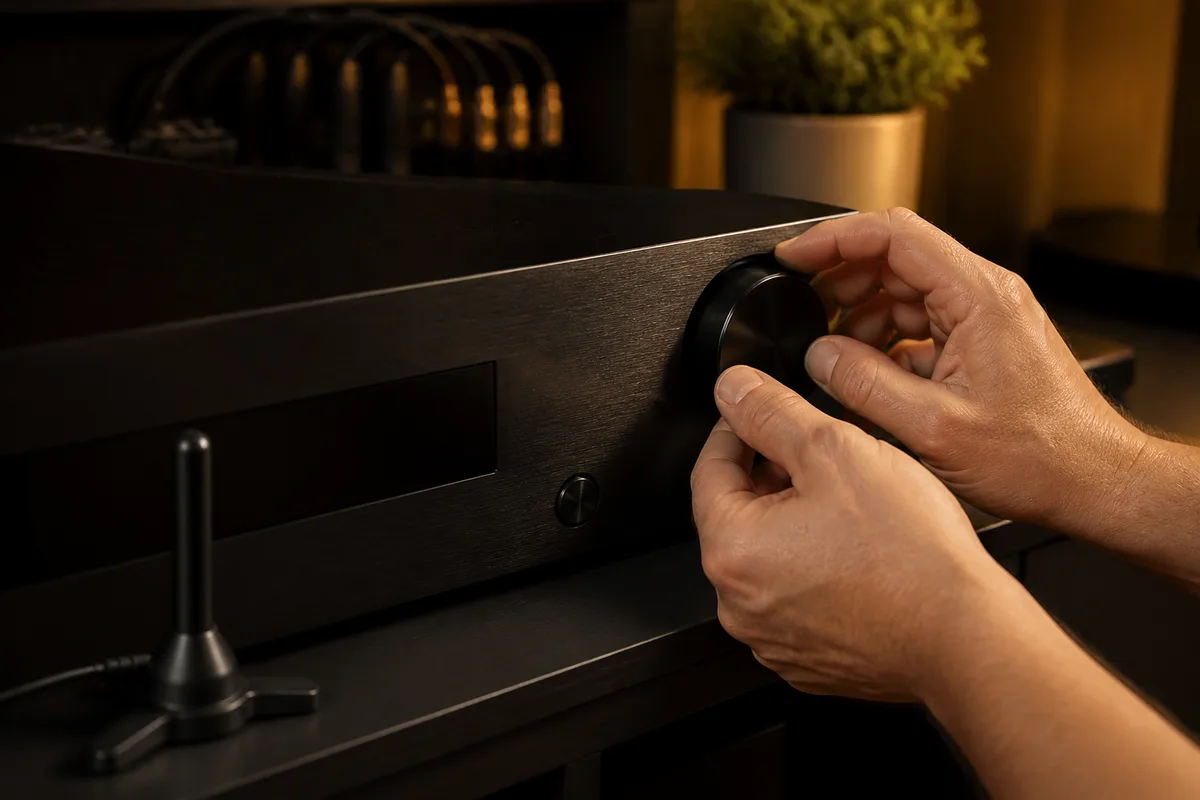 Mains ajustant les molettes d&rsquo;un amplificateur audio-vidéo posé sur un meuble bas