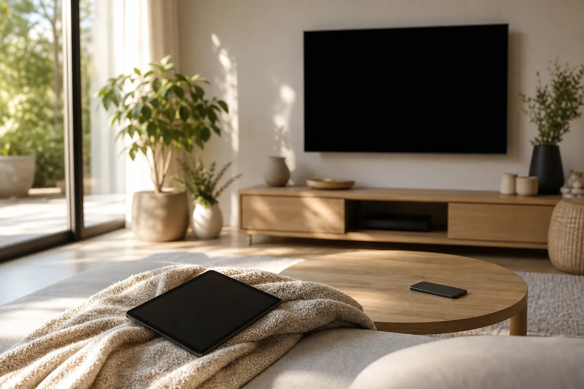 Téléviseur éteint, tablette et smartphone posés dans un salon lumineux
