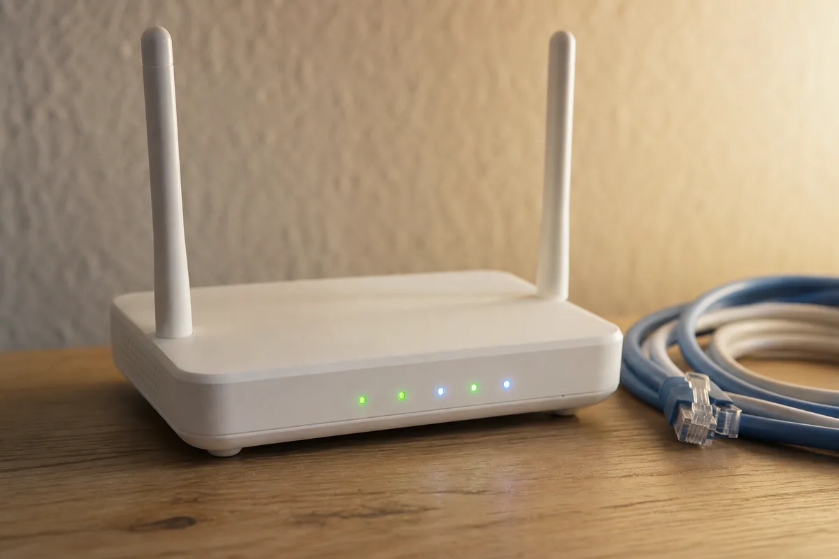 Routeur Wi-Fi et câbles réseau posés sur un meuble en bois clair
