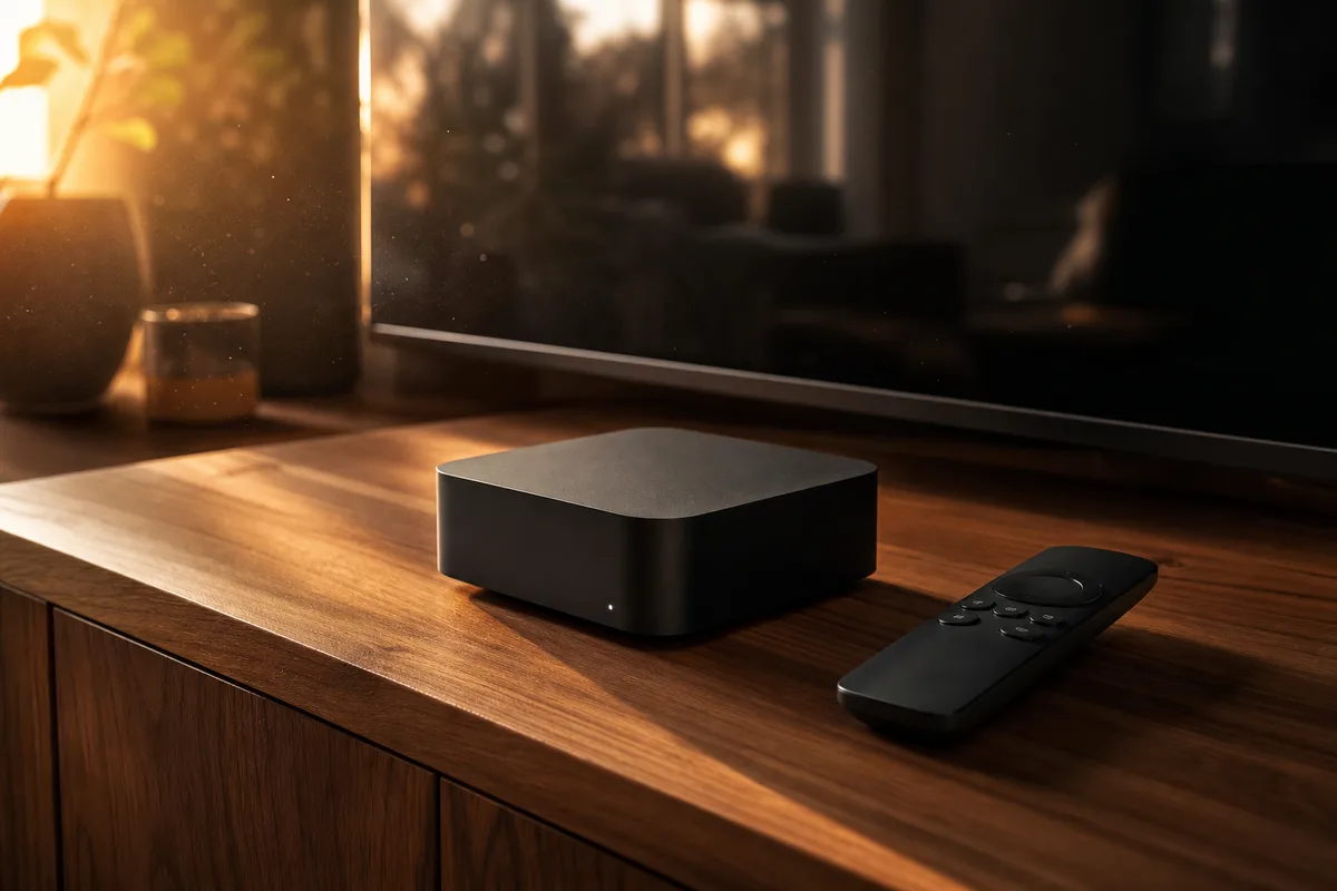 Boîtier multimédia et télécommande posés devant un écran éteint