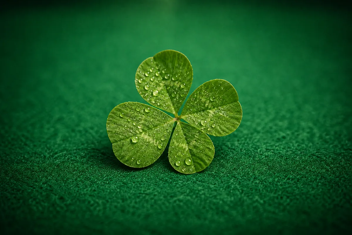 Trèfle à quatre feuilles en gros plan sur un feutre vert de table de jeu
