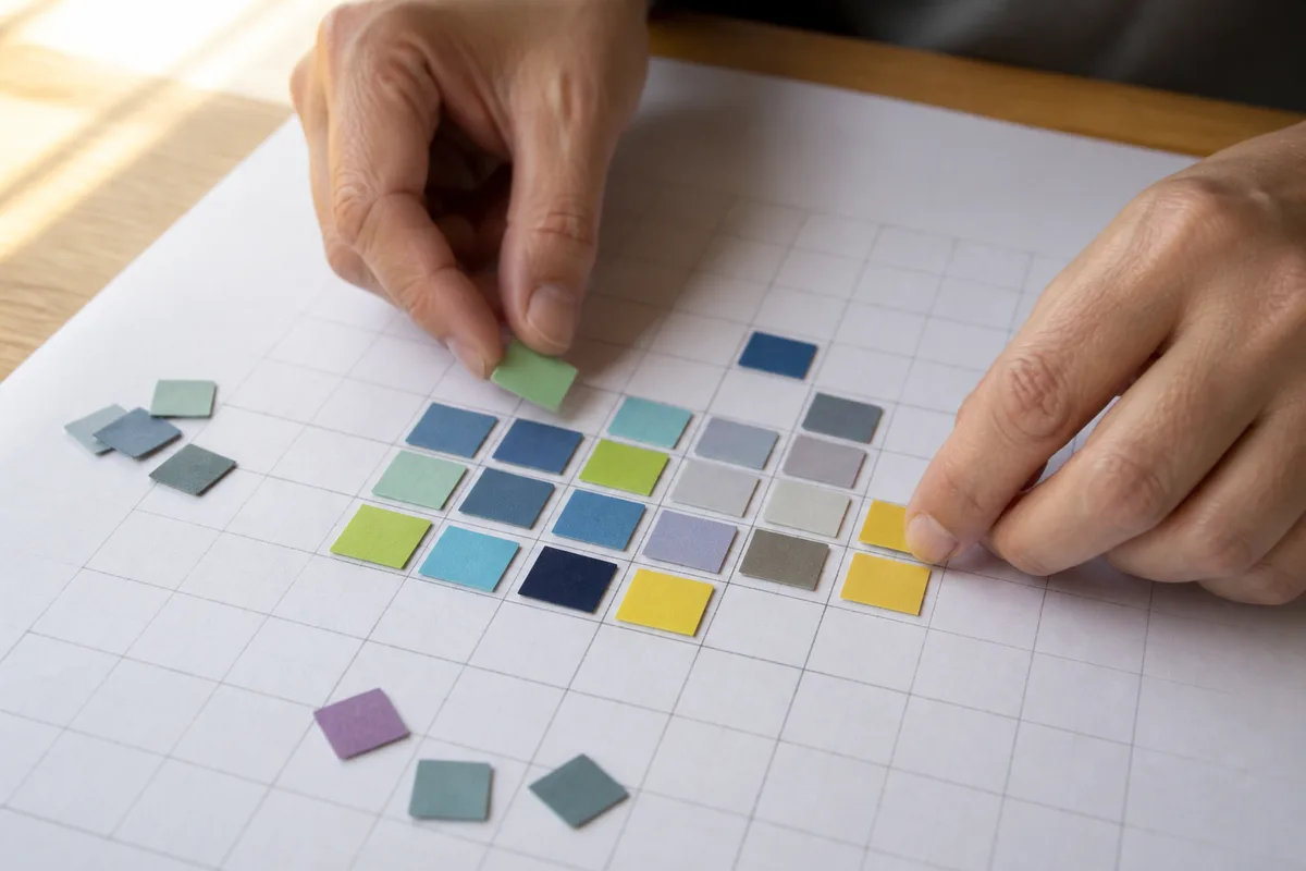 Mains adultes disposant de petits carrés de couleur sur une grille tracée au crayon, principe des pixels vendus