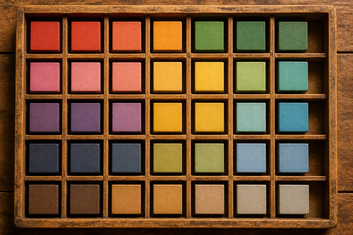 Boîte en bois à compartiments remplie de petits cubes de couleur, évocation du million de pixels vendus en 2005